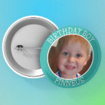 Bóton Redondo 5.08cm Garoto de aniversário personalizado| Nome e foto<br><div class="desc">Um nome azul bonito personalizado e o botão "Aniversário".</div>