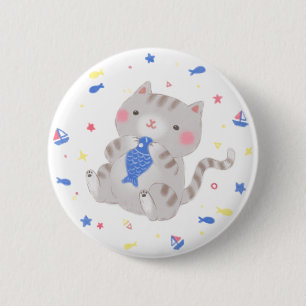 Bóton Redondo 5.08cm Gatinho bonito com peixe na ilustração de verão
