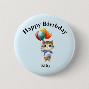 Bóton Redondo 5.08cm Gatinho com Balões de Aniversário Celebração de