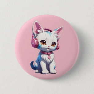 Bóton Redondo 5.08cm Gatinho Fofo com Headphones Magia