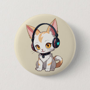 Bóton Redondo 5.08cm Gatinho Kawaii com Fones de Ouvido Balançantes