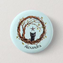Bóton Redondo 5.08cm Gatinho Preto Bonito Observando uma Estrela
