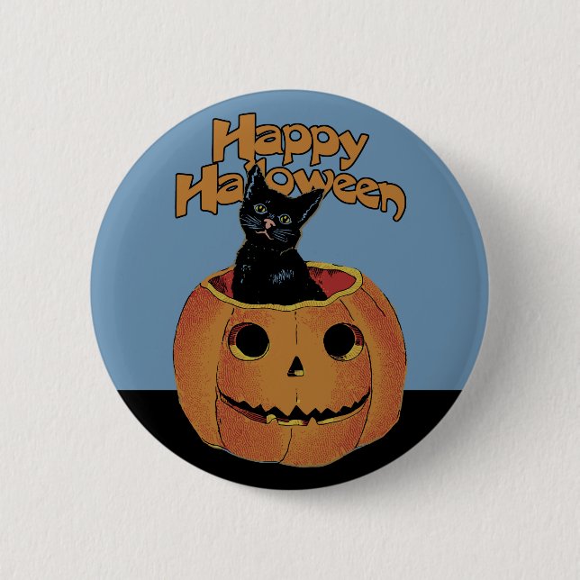 Bóton Redondo 5.08cm Gato Antigo em Jack'o'Lantern (Frente)