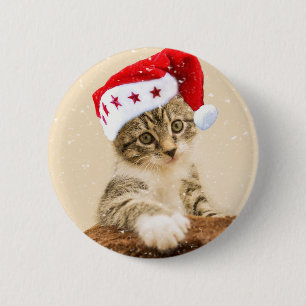 Bóton Redondo 5.08cm Gato com boné papai noel
