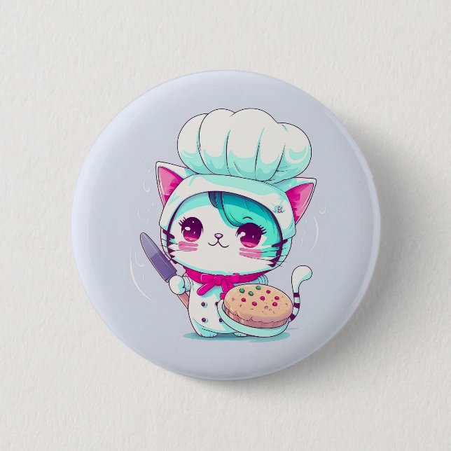 Bóton Redondo 5.08cm Gato de cozinha de pastelaria com torta e faca | (Frente)