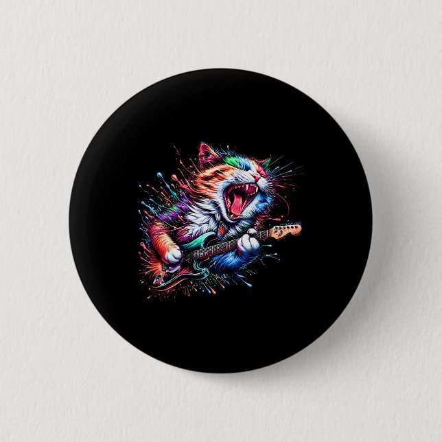 Bóton Redondo 5.08cm Gato de Gatinha tocando violão Gato de rock Heavy  (Frente)