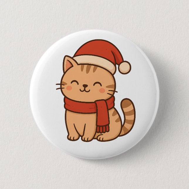 Bóton Redondo 5.08cm Gato de Natal Kawaii com Cachecol (Frente)