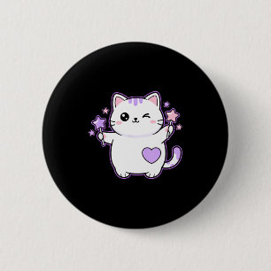 Bóton Redondo 5.08cm Gato Kawaii Piscando Varinha Mágica Estrela, Gato