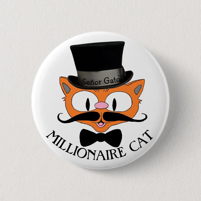 Bóton Redondo 5.08cm GATO MILIONÁRIO Desenho de Gato Bigode com Chapéu  (Frente)