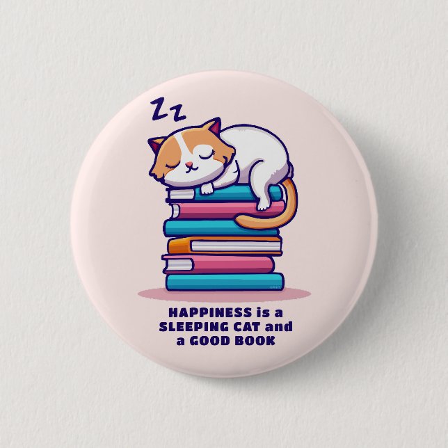 Bóton Redondo 5.08cm Gato numa Pilha de Livros Literário Personalizado  (Frente)