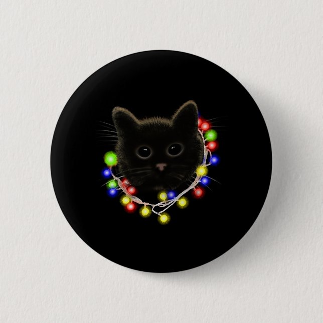 Bóton Redondo 5.08cm Gato preto com luzes de Natal (Frente)
