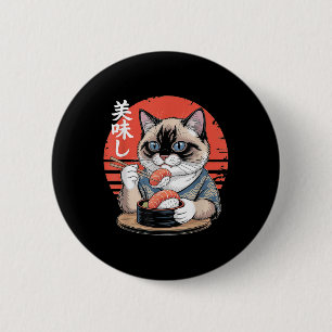Bóton Redondo 5.08cm Gato siamês japonês comendo sushi Kawaii Anime Cat