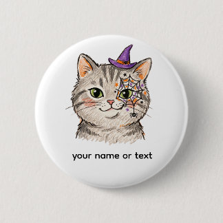 Bóton Redondo 5.08cm Gato Tabby Cinza Fofo de Halloween com Pintura Fac