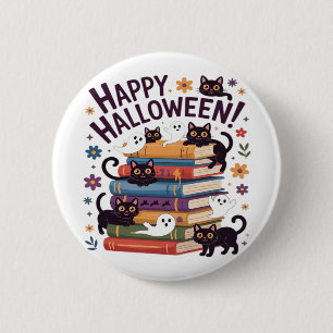 Bóton Redondo 5.08cm Ghost Cat Lading Books Lover Oferece Spoo de Hallo