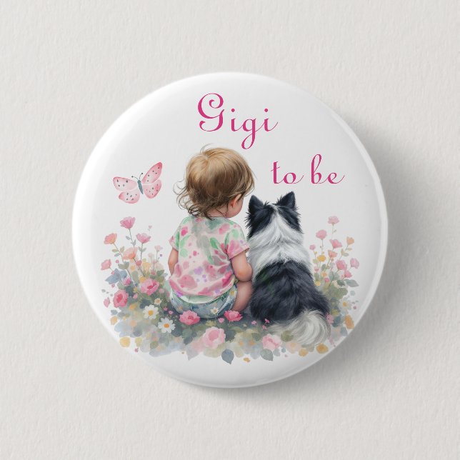 Bóton Redondo 5.08cm Gigi para chegar | Chá de Bebê Rosa de Bebê Menina (Frente)
