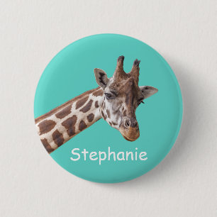 Bóton Redondo 5.08cm Giraffe Animal Photo on Teal Personalised Name