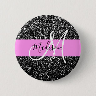 Bóton Redondo 5.08cm Glam Chic Rosa Preto Brilho Brilhar Nome Monograma