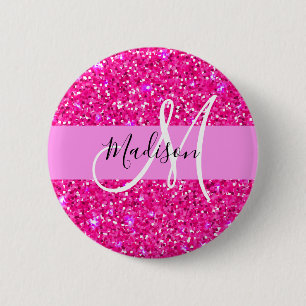 Bóton Redondo 5.08cm Glam Girly Hot Pink Glitter Sparkles Nome Monogram