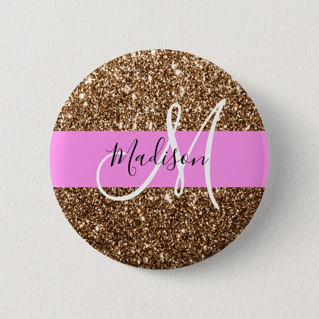 Bóton Redondo 5.08cm Glam Pink & Bronze Gliters Espalha Monograma Nome (Frente)