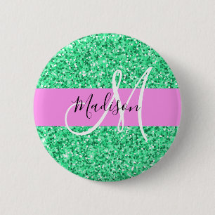 Bóton Redondo 5.08cm Glam Pink e Green Glitter Desperta Nome do Monogra