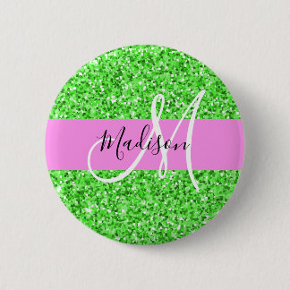 Bóton Redondo 5.08cm Glam Rosa e Verde Brilho Monograma Nome