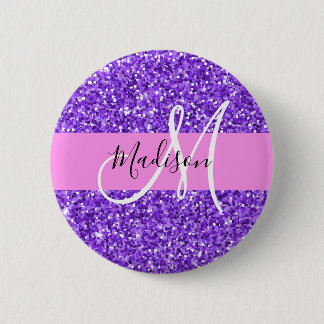 Bóton Redondo 5.08cm Glam Roxo & Brilho Glitter Monograma Nome