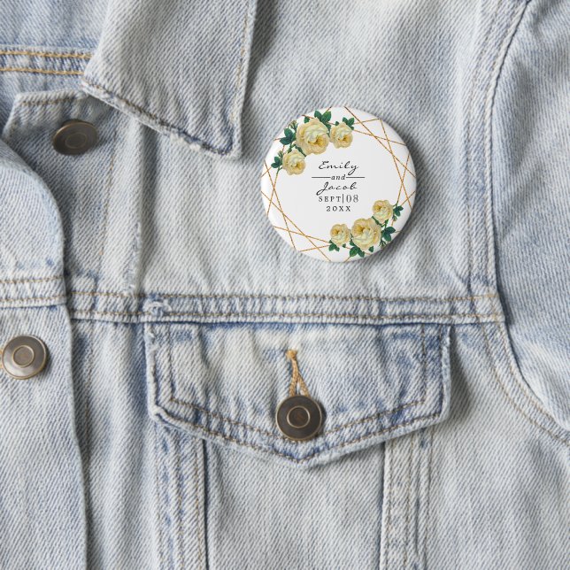 Bóton Redondo 5.08cm Glitter Dourado Elegante Amarelo de Wed Floral Geo (In Situ)