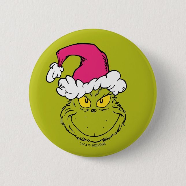 Bóton Redondo 5.08cm Grinch com Chapéu de Papai Noel Rosa (Frente)