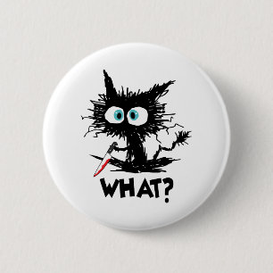 Bóton Redondo 5.08cm Halloween O Que- Gato Negro Engraçado com Faca Lon