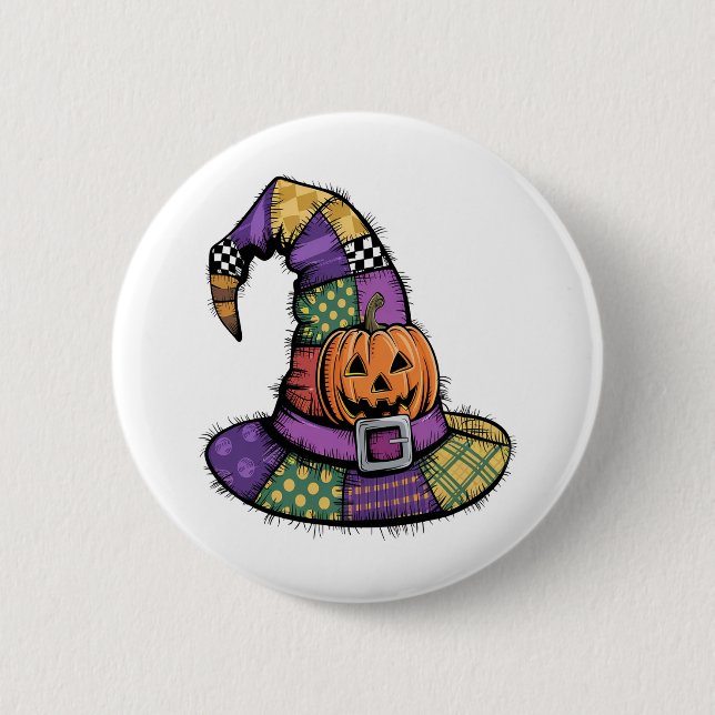 Bóton Redondo 5.08cm Halloween Patchwork Witch Hat Spooky (Frente)