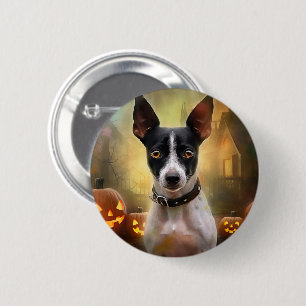 Bóton Redondo 5.08cm Halloween Rat Terrier Com Pumpkins Assustado