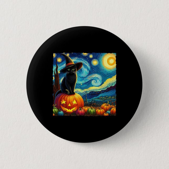 Bóton Redondo 5.08cm Halloween Van Gogh Starry Night Black Witch Ha (Frente)