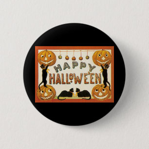 Bóton Redondo 5.08cm Halloween Vintage, Gatos Pretos com Jackolanterns