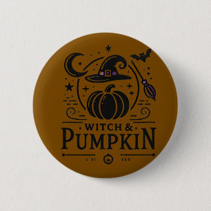 Bóton Redondo 5.08cm Halloween Witch Hat e Pumpkin Design Magic Art