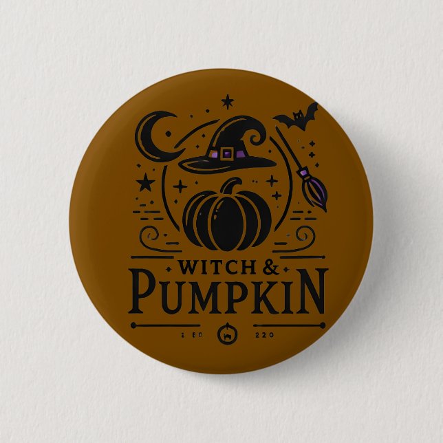 Bóton Redondo 5.08cm Halloween Witch Hat e Pumpkin Design Magic Art (Frente)
