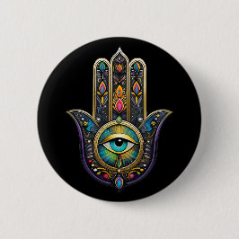 Bóton Redondo 5.08cm Hamsa Preto Colorido com Terceiro Olho Turquesa