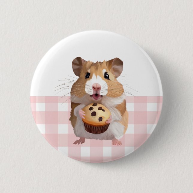 Bóton Redondo 5.08cm Hamster Bonito Com Gingham Rosa De Muffin (Frente)