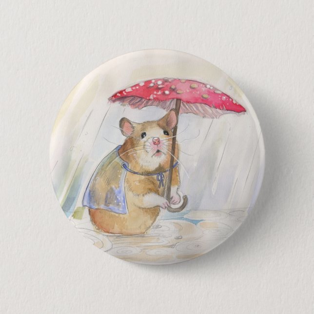 Bóton Redondo 5.08cm Hamster na Chuva - Cogumelo Engraçado (Frente)