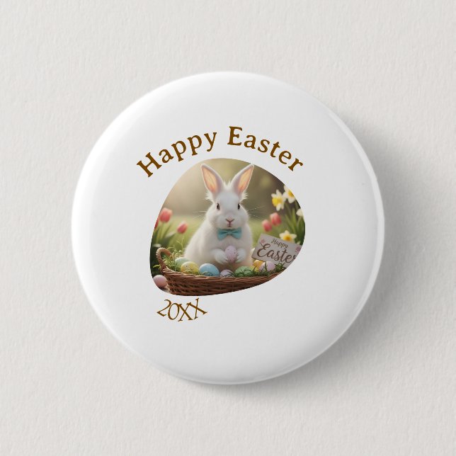 Bóton Redondo 5.08cm Happy Easter white bunny year photo family name  (Frente)