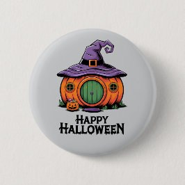 Bóton Redondo 5.08cm Happy Halloween Pumpkin Cottage & Witch Hat Roof
