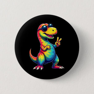 Bóton Redondo 5.08cm Hippie Tie Dye T-rex Dinossauro Sinal de Paz 