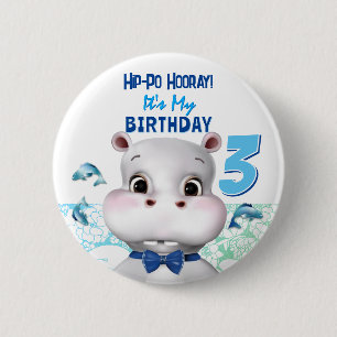 Bóton Redondo 5.08cm Hippo Blue Fish Boy Birday