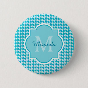 Bóton Redondo 5.08cm Houndstooth Turquoise De Quic Monogramas Com Nome