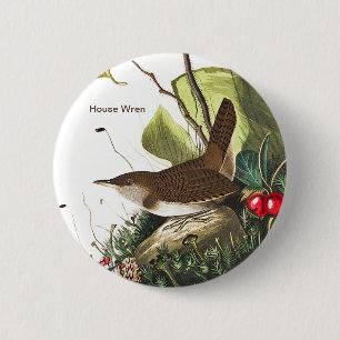 Bóton Redondo 5.08cm House Wren por John James Audubon, Birdwatcher Bir
