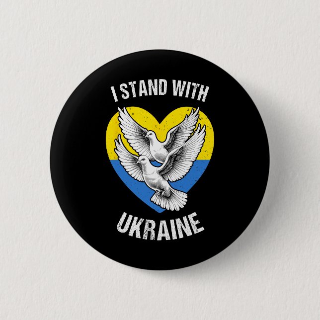 Bóton Redondo 5.08cm I Stand With Ukraine Ukrainian Flag Heart Doves Pe (Frente)