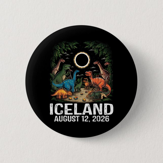 Bóton Redondo 5.08cm Iceland Total Solar Eclipse 2026 Dinosaur T-Rex (Frente)
