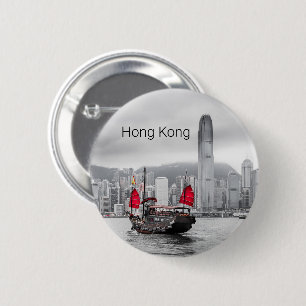 Bóton Redondo 5.08cm Ilha de Hong Kong - Skyline Vintage Panorama Souve
