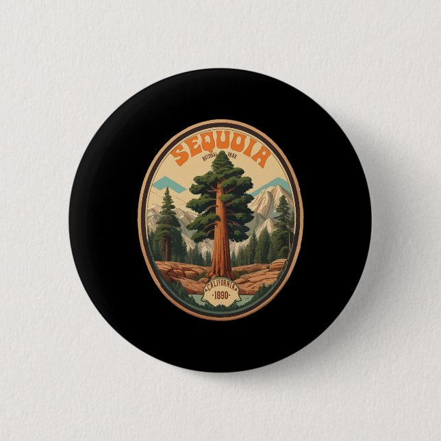 Bóton Redondo 5.08cm Ilustração da Árvore do Parque Nacional Sequoia Ca (Frente)