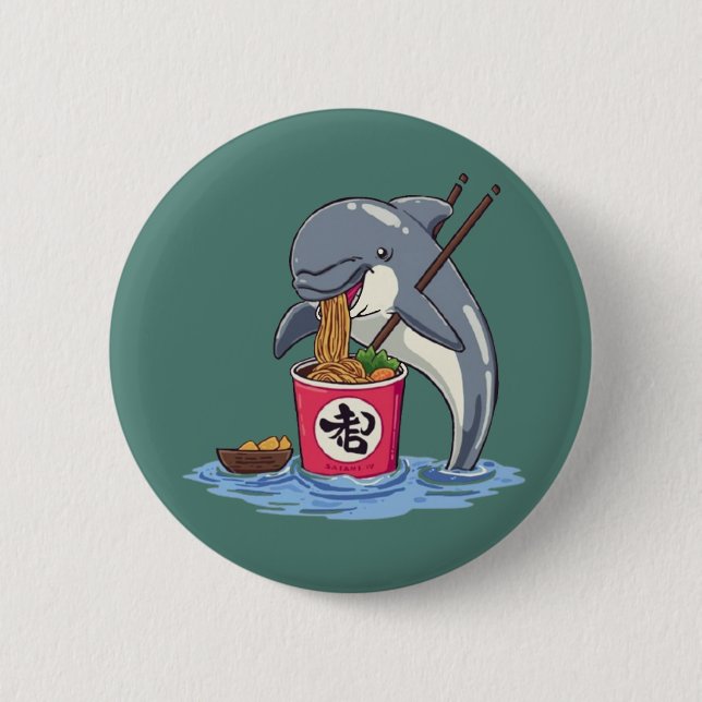 Bóton Redondo 5.08cm Ilustração de Golfinho Comendo Ramen (Frente)