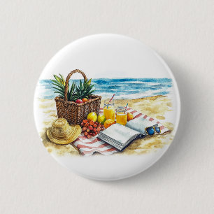 Bóton Redondo 5.08cm Ilustração de Picnic Watercolor em Summer Beach - 